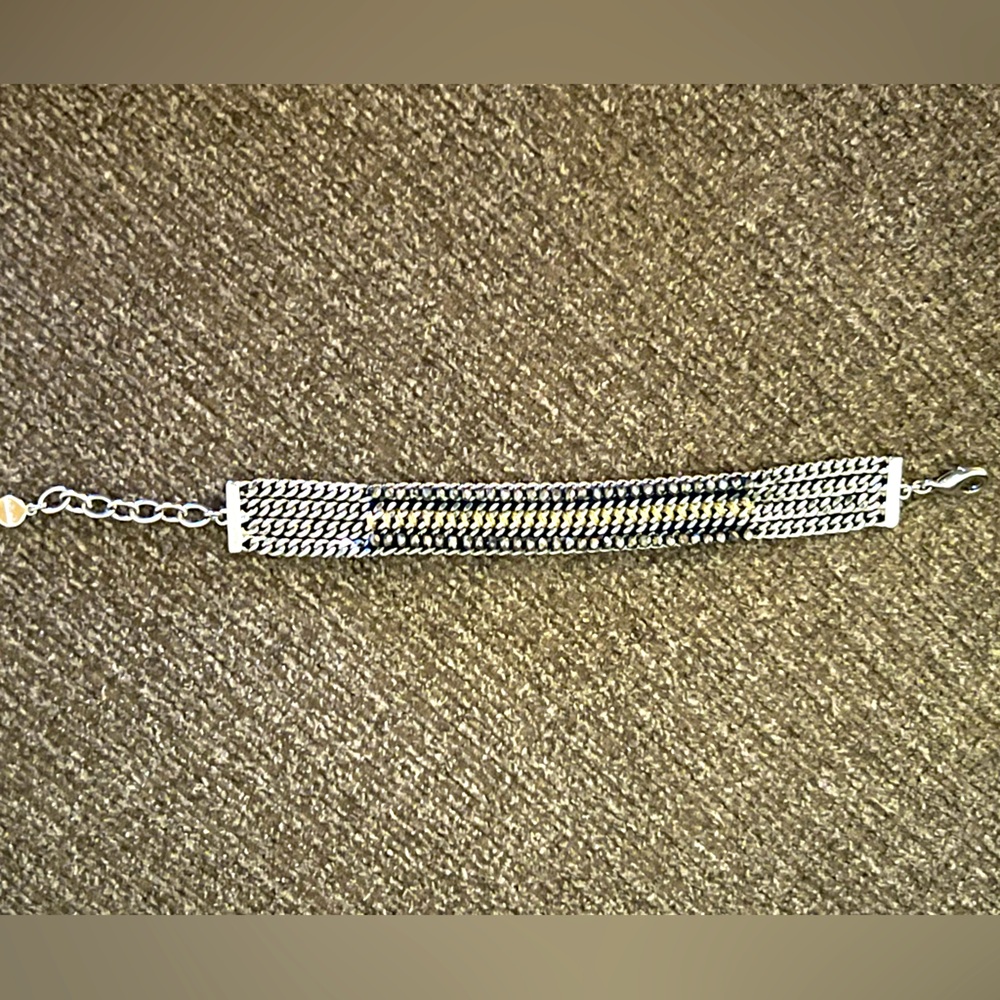 Stella & Dot silver, gold, navy, “marcasite” bead bracelet 7”-8.” New condition.